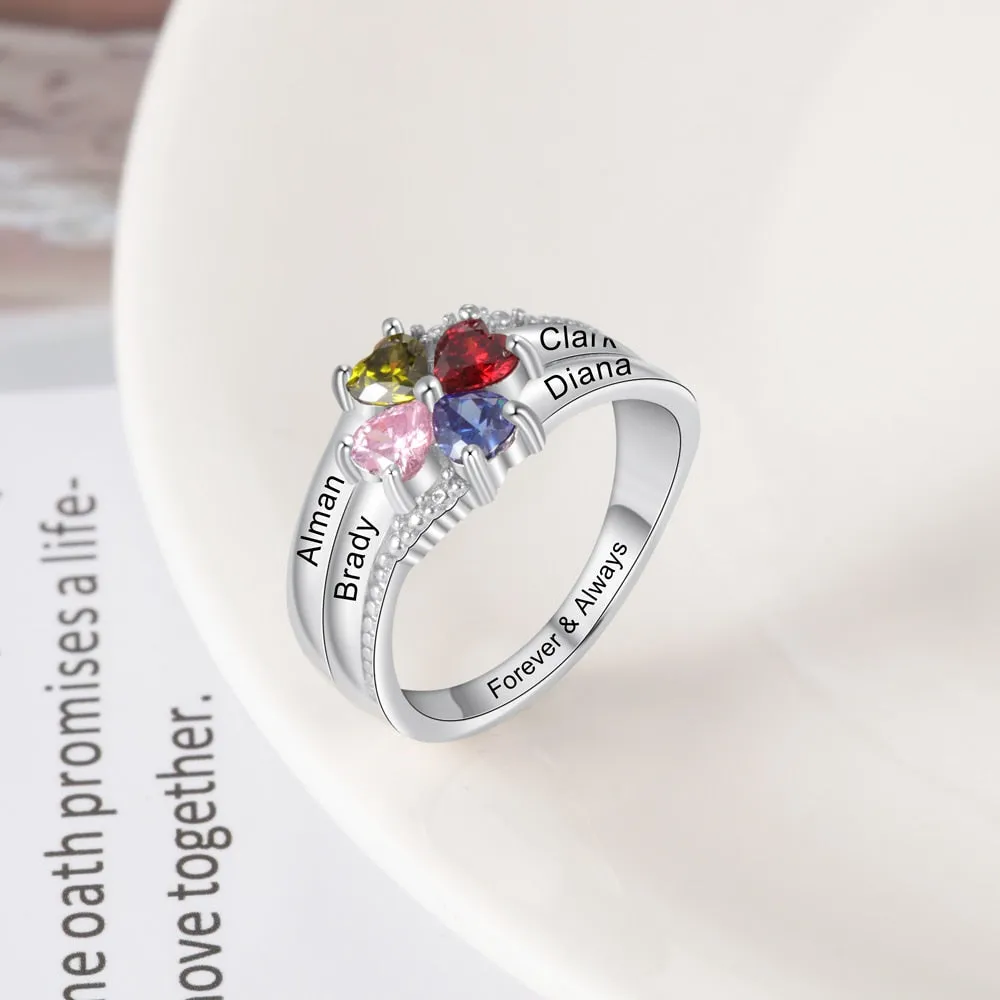 Customized Family Name Mothers Ring with 4 Heart Birthstones Silver Color Personalized Engraved Rings for Women Gifts