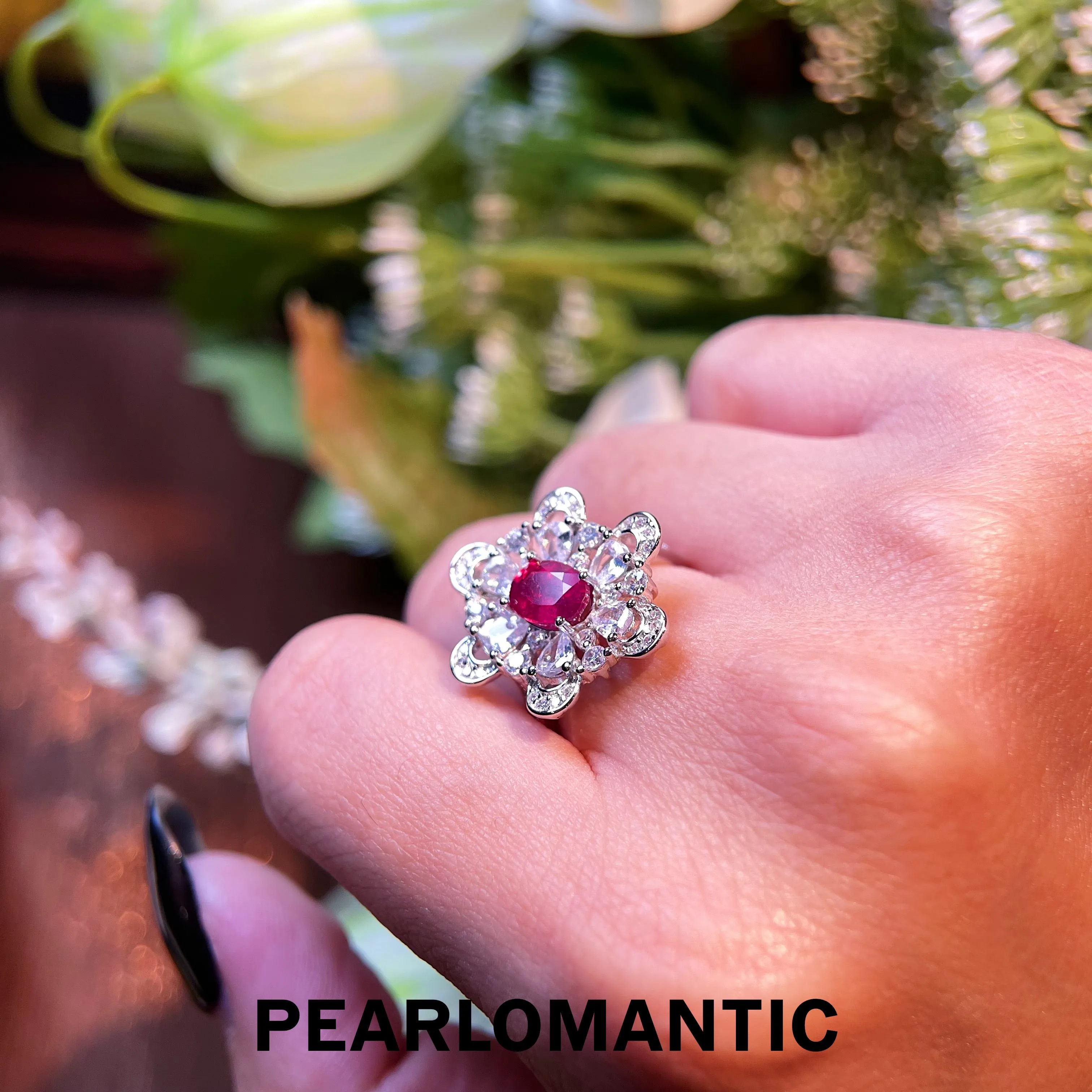 [Designer's Choice] S925 Silver Natural Ruby Blossom Design Adjustable Rings