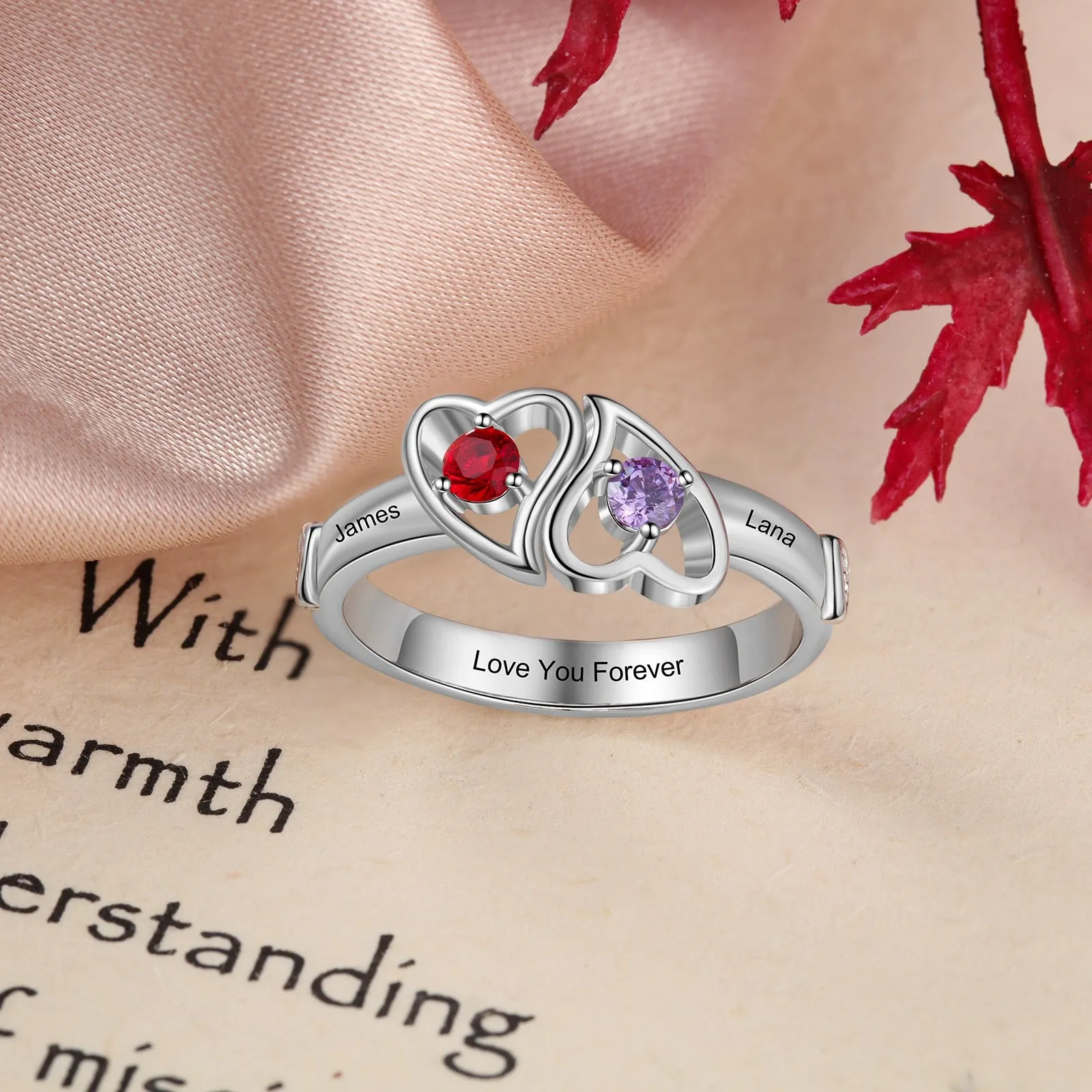 Double Heart Promise Rings for Women Customized Birthstone Wedding Engagement Ring Gifts for Girlfriend