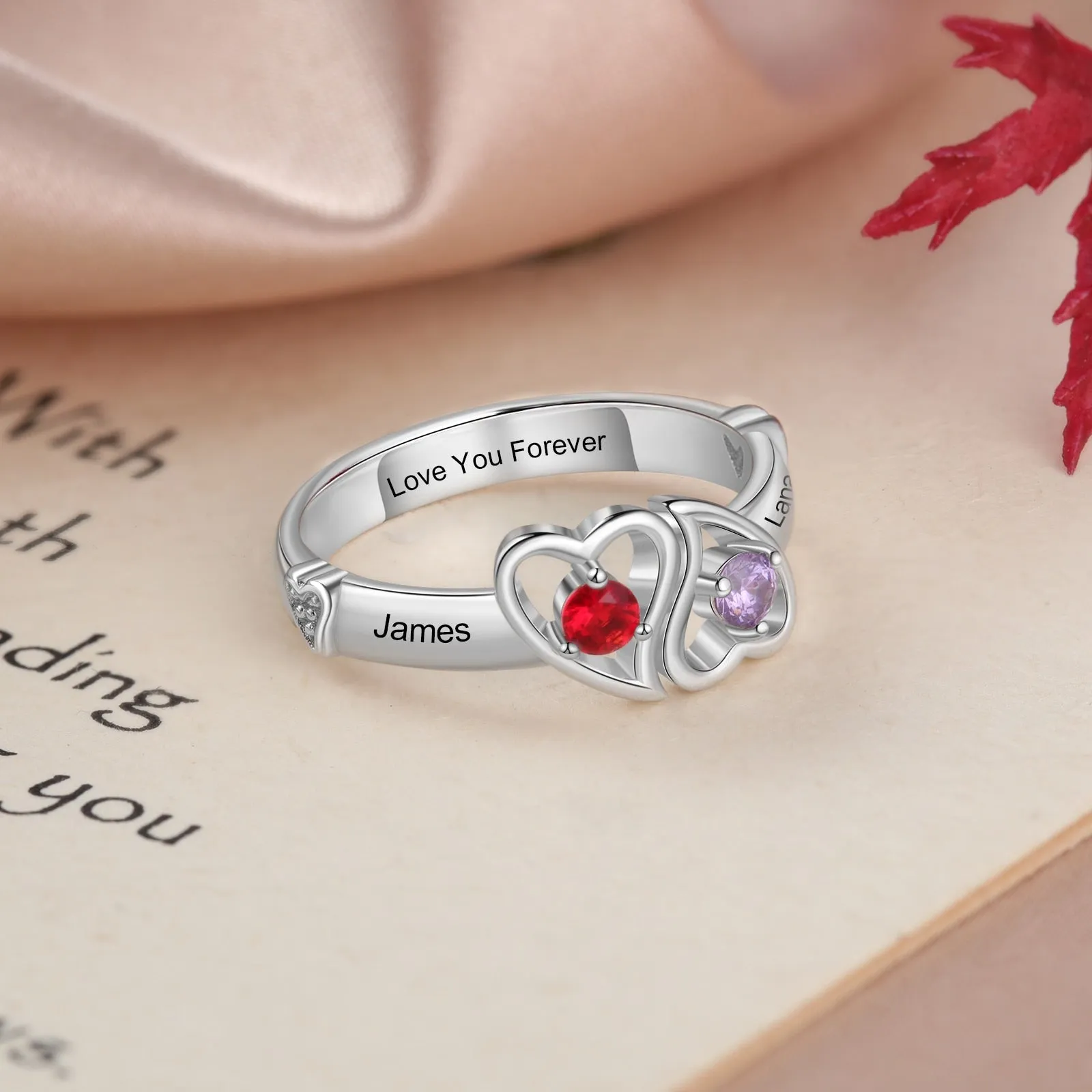 Double Heart Promise Rings for Women Customized Birthstone Wedding Engagement Ring Gifts for Girlfriend