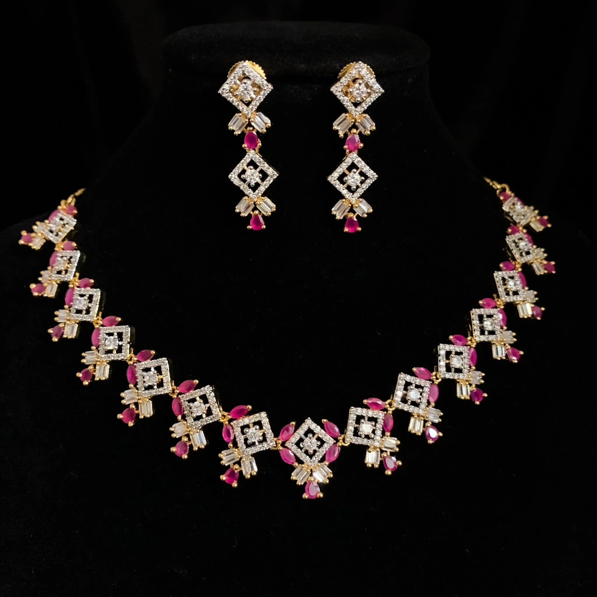 Exquisite Elegant Zircon (CZ) Stone Necklace and Earring Set in White and Ruby Red CZ stones