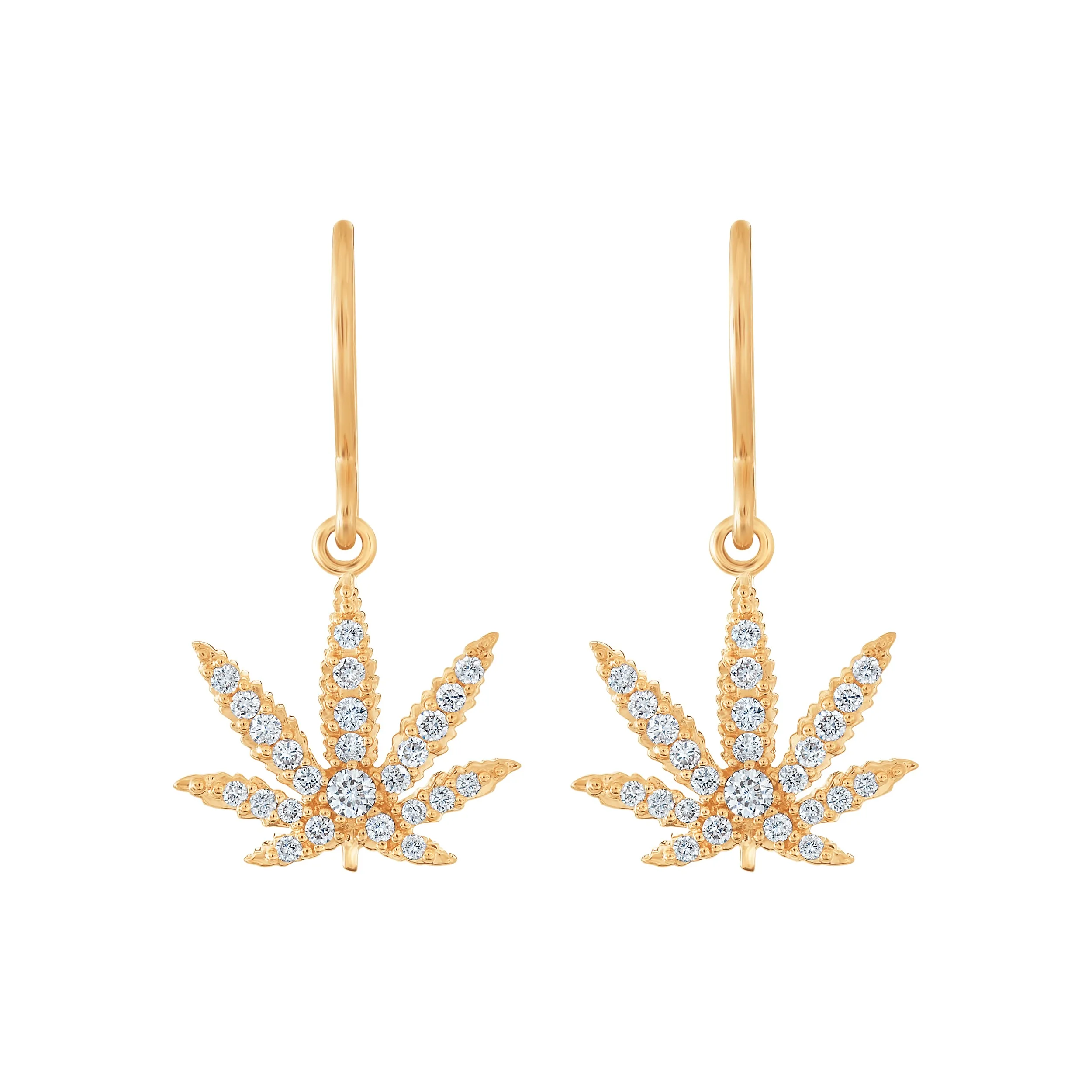 Gold Sativa Leaf Hook Earrings - White Diamond Gemstones