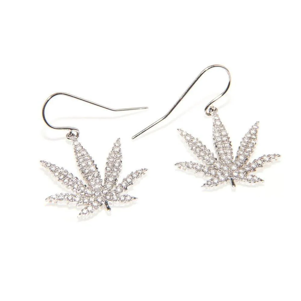 Gold Sativa Leaf Hook Earrings - White Diamond Gemstones