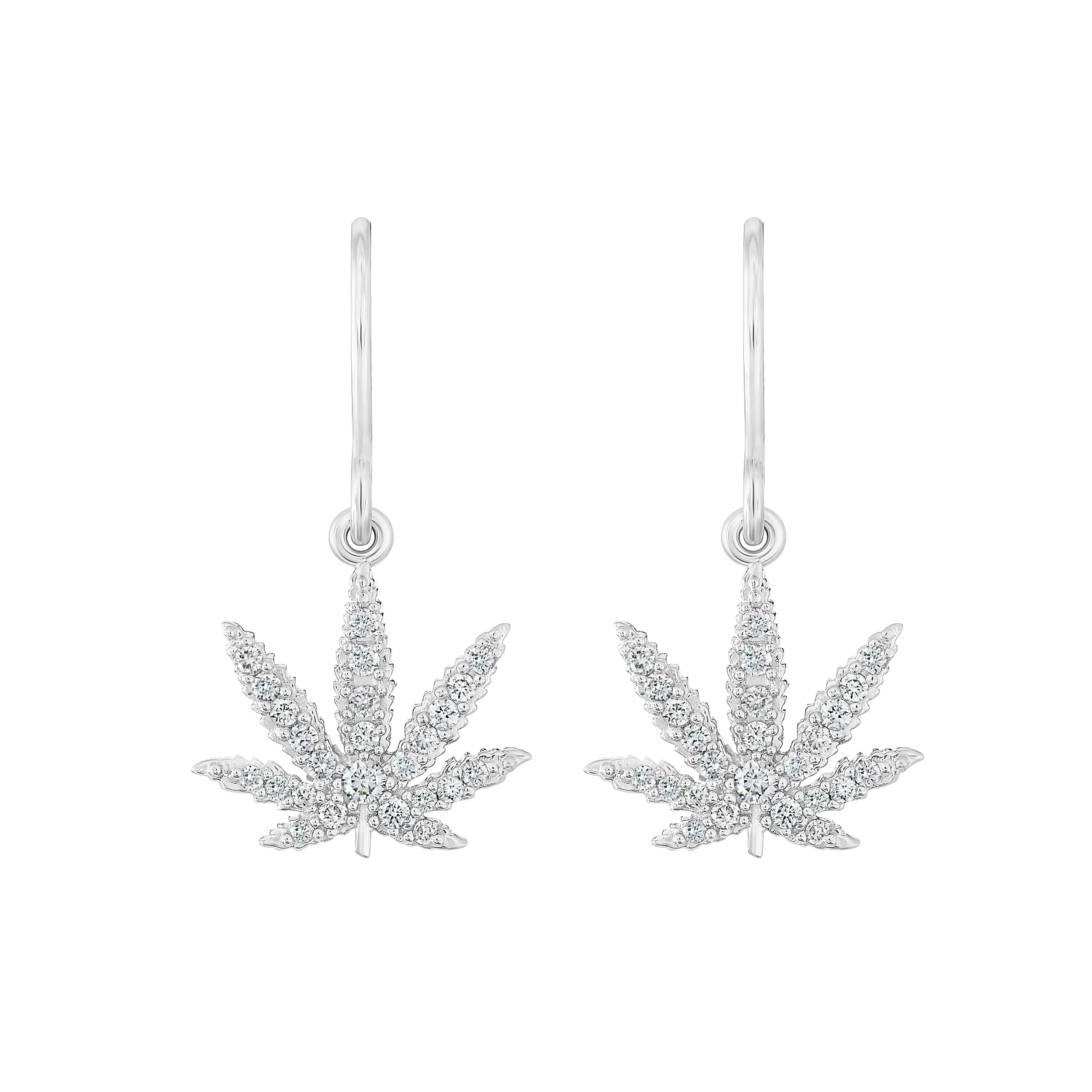 Gold Sativa Leaf Hook Earrings - White Diamond Gemstones