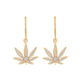 Gold Sativa Leaf Hook Earrings - White Diamond Gemstones