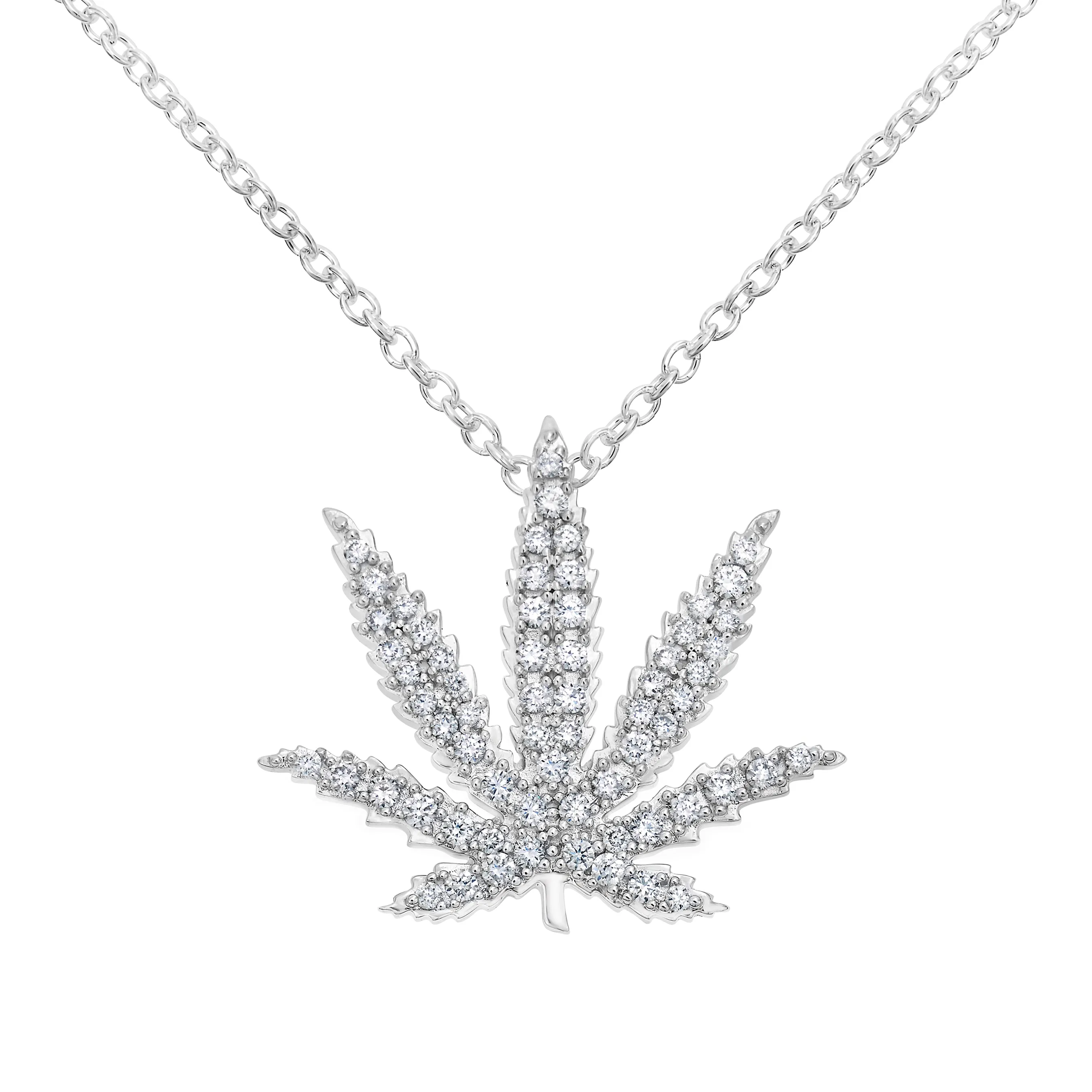 Gold Sativa Leaf Pendant with White Diamond Gemstones