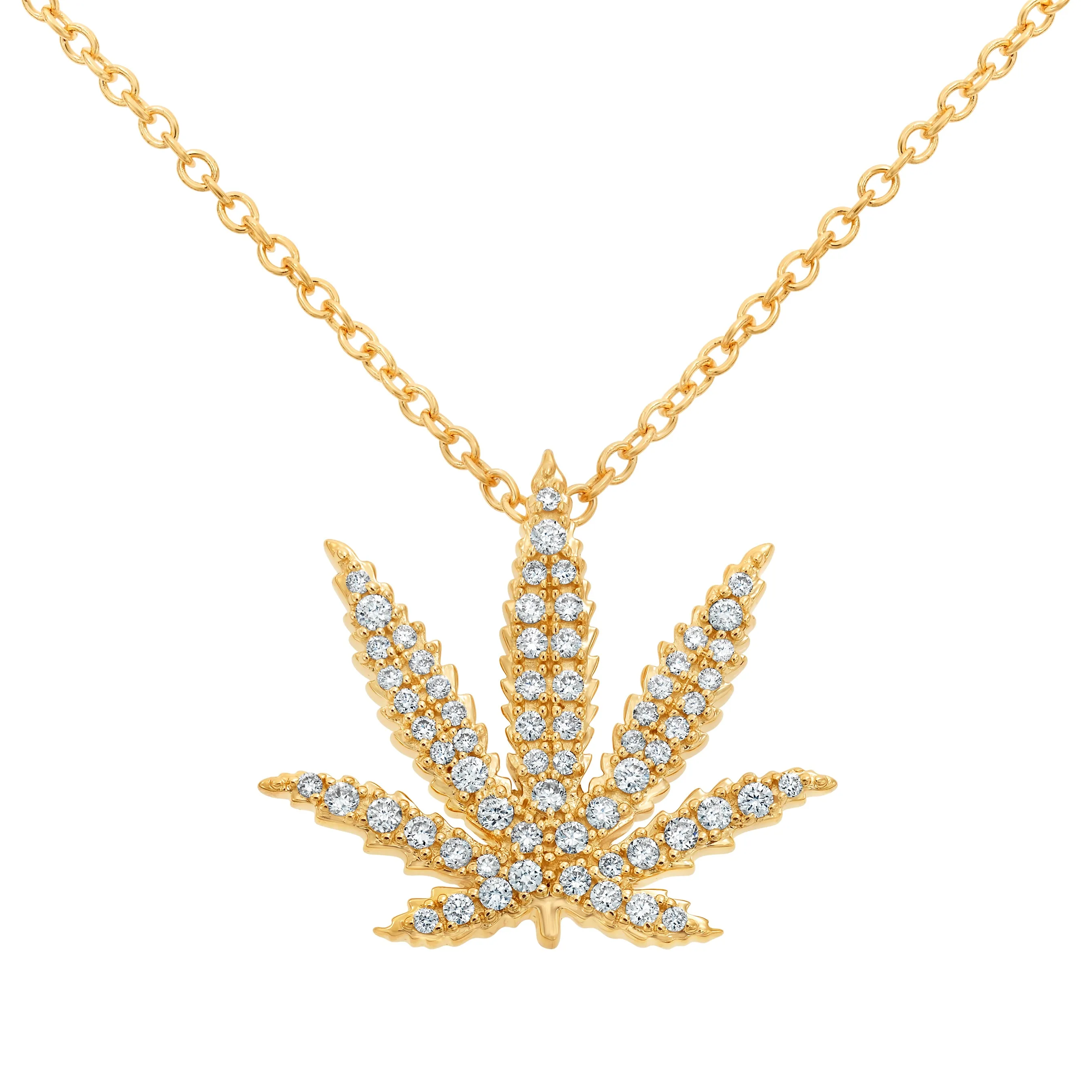 Gold Sativa Leaf Pendant with White Diamond Gemstones