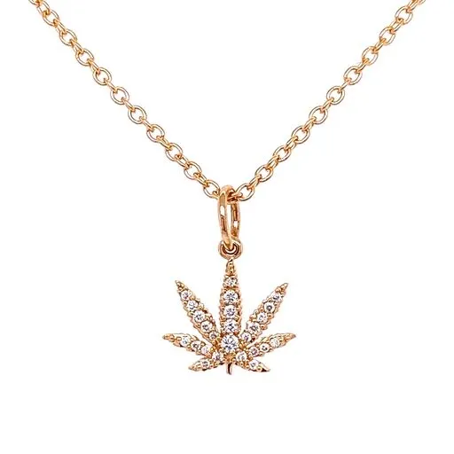 Gold Sativa Leaf Pendant with White Diamond Gemstones