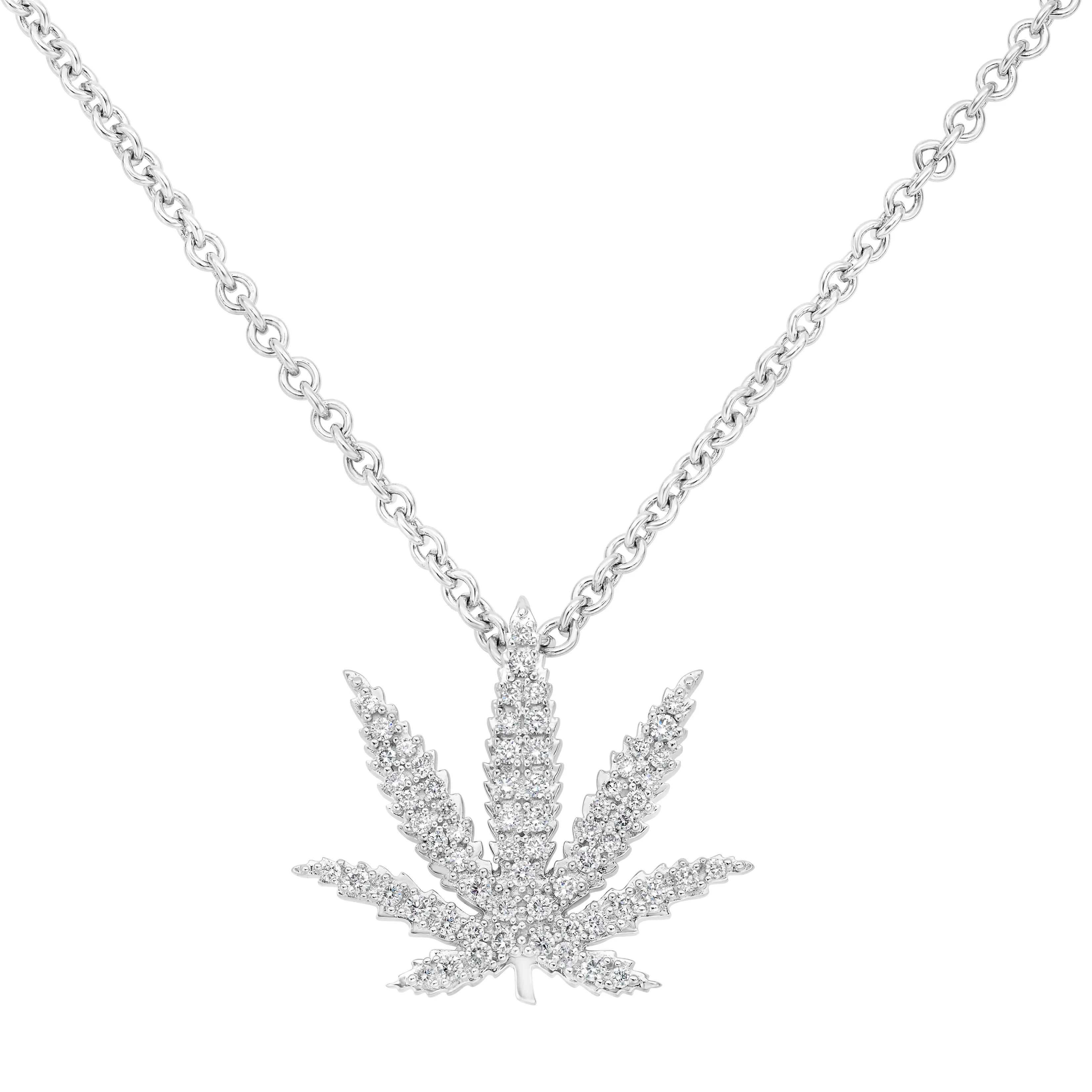 Gold Sativa Leaf Pendant with White Diamond Gemstones