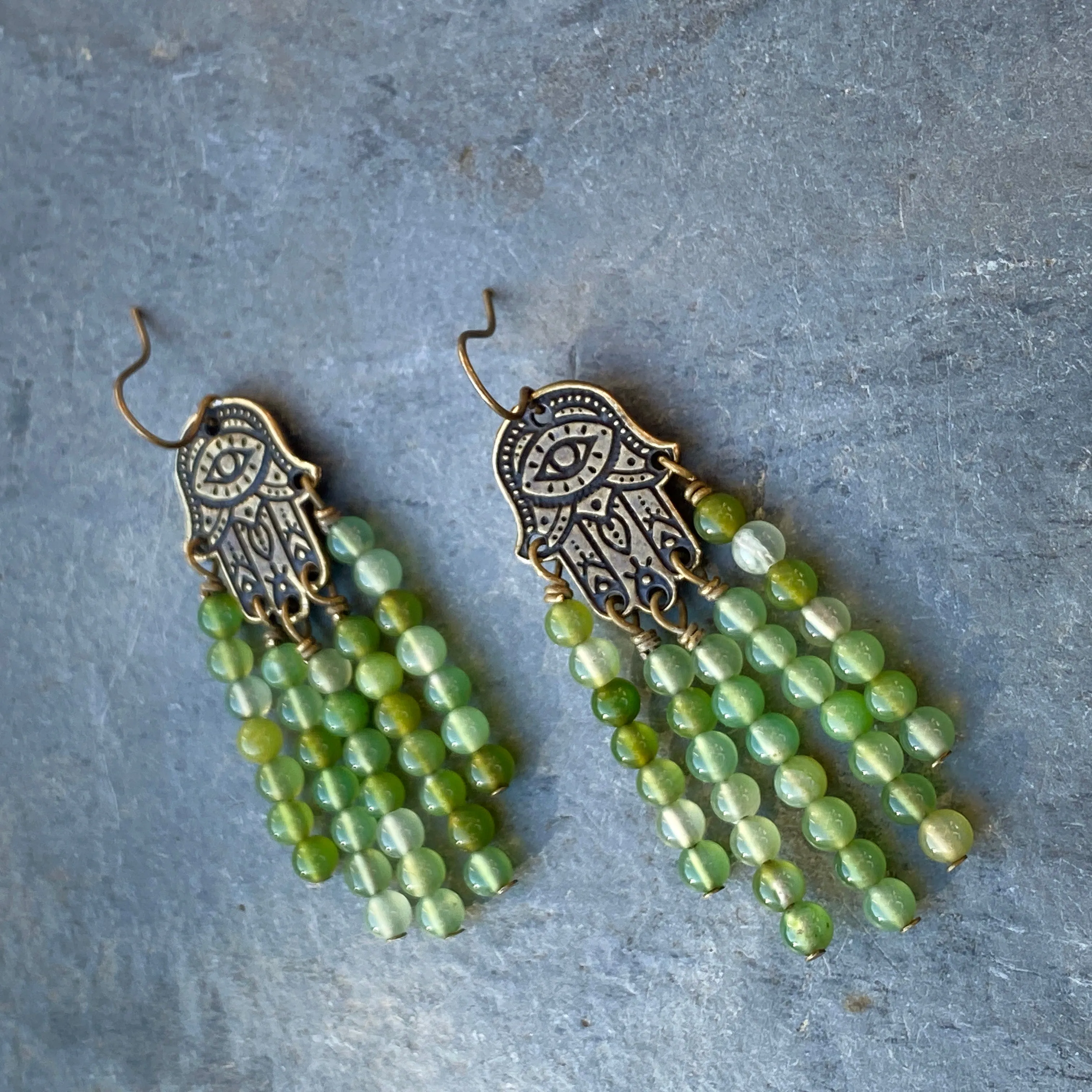 Green Agates gemstones on a Brass Hamsa Earrings