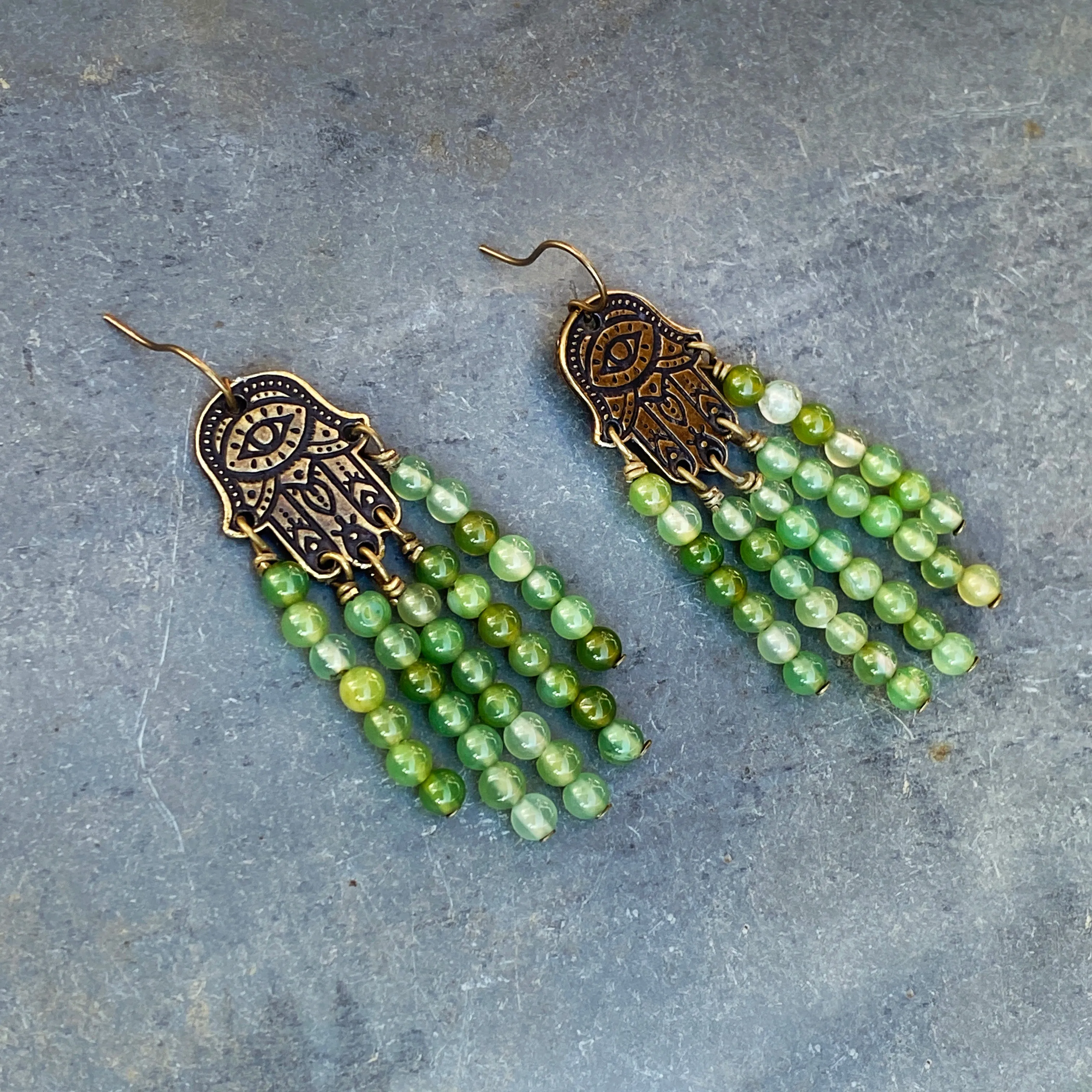 Green Agates gemstones on a Brass Hamsa Earrings