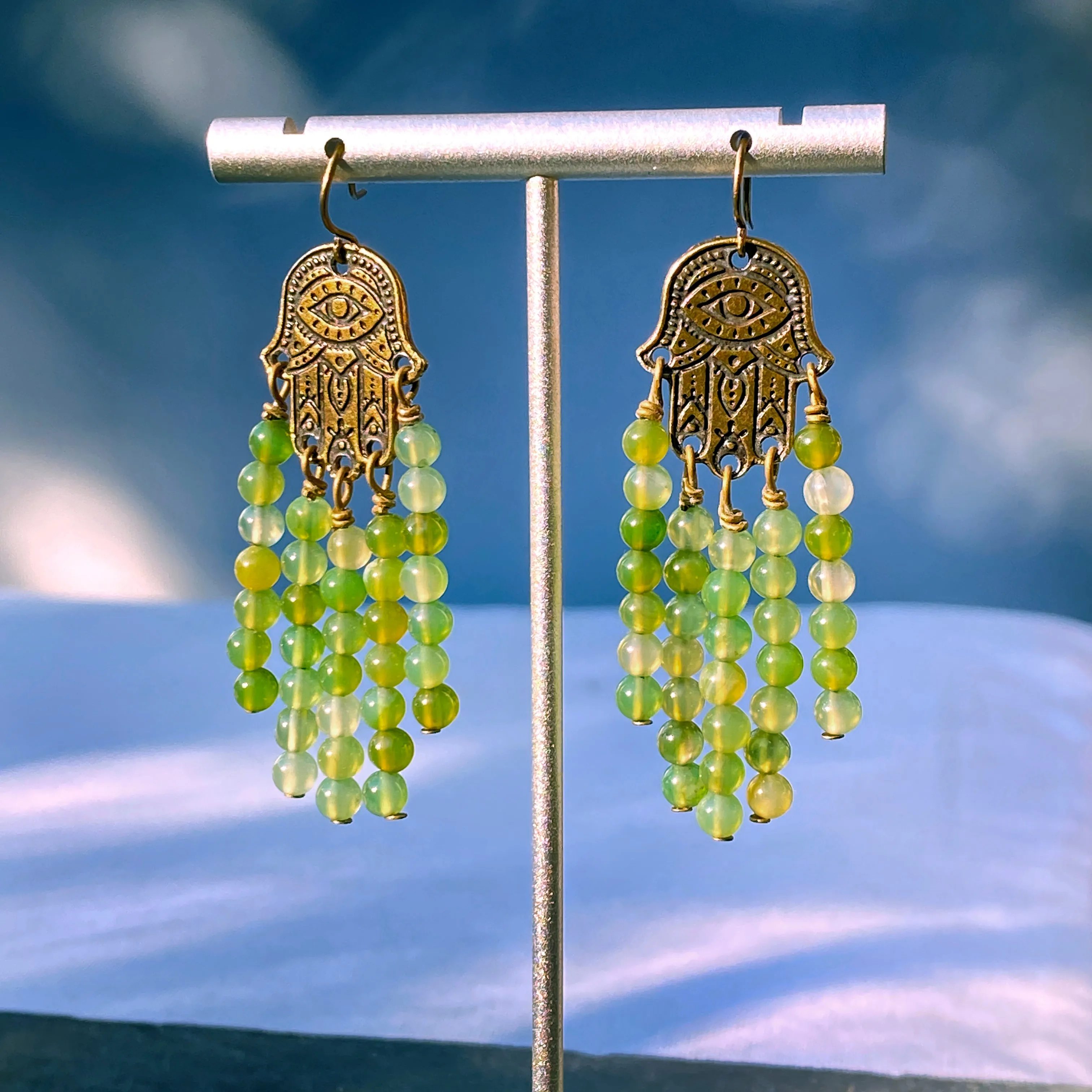 Green Agates gemstones on a Brass Hamsa Earrings