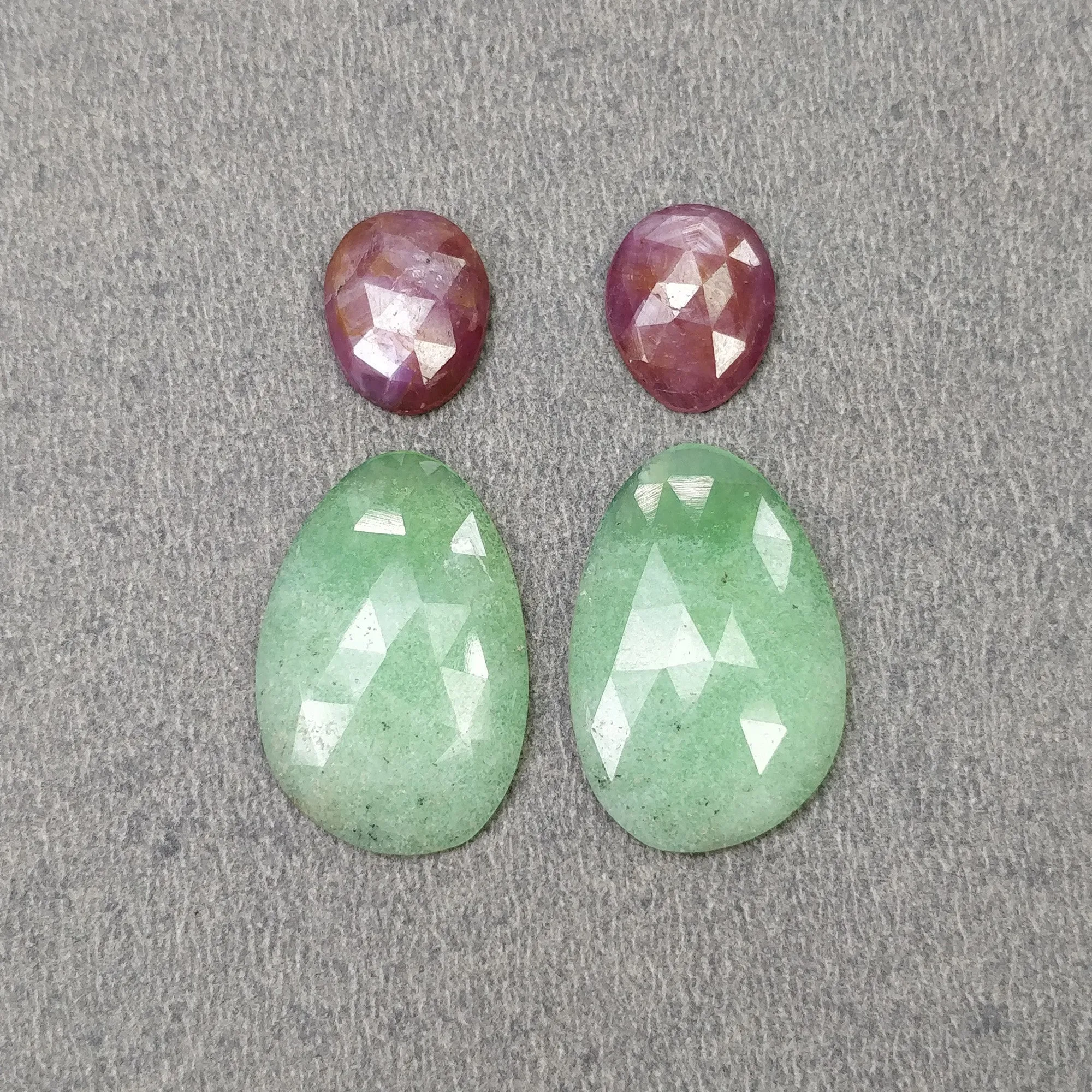 Green CHRYSOPRASE & Raspberry SAPPHIRE Gemstones Rose Cut : 25.38cts Natural Untreated Uneven Shape 11*9mm - 22*15mm 4pcs