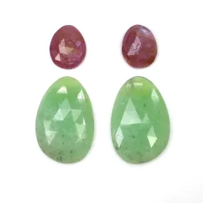 Green CHRYSOPRASE & Raspberry SAPPHIRE Gemstones Rose Cut : 25.38cts Natural Untreated Uneven Shape 11*9mm - 22*15mm 4pcs