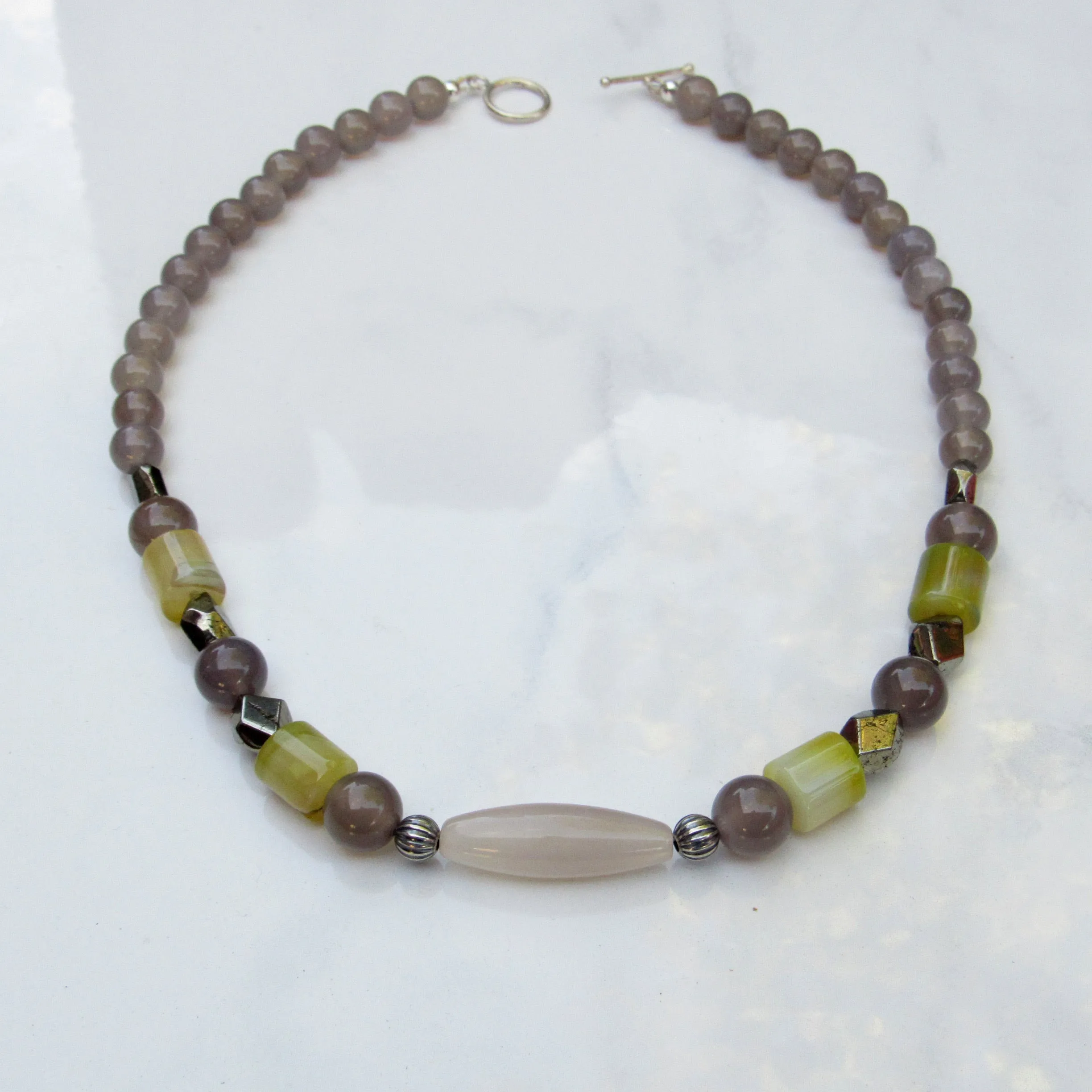 Grey Agate, Yellow Agate, Pyrite gemstones and Sterling Silver Necklace