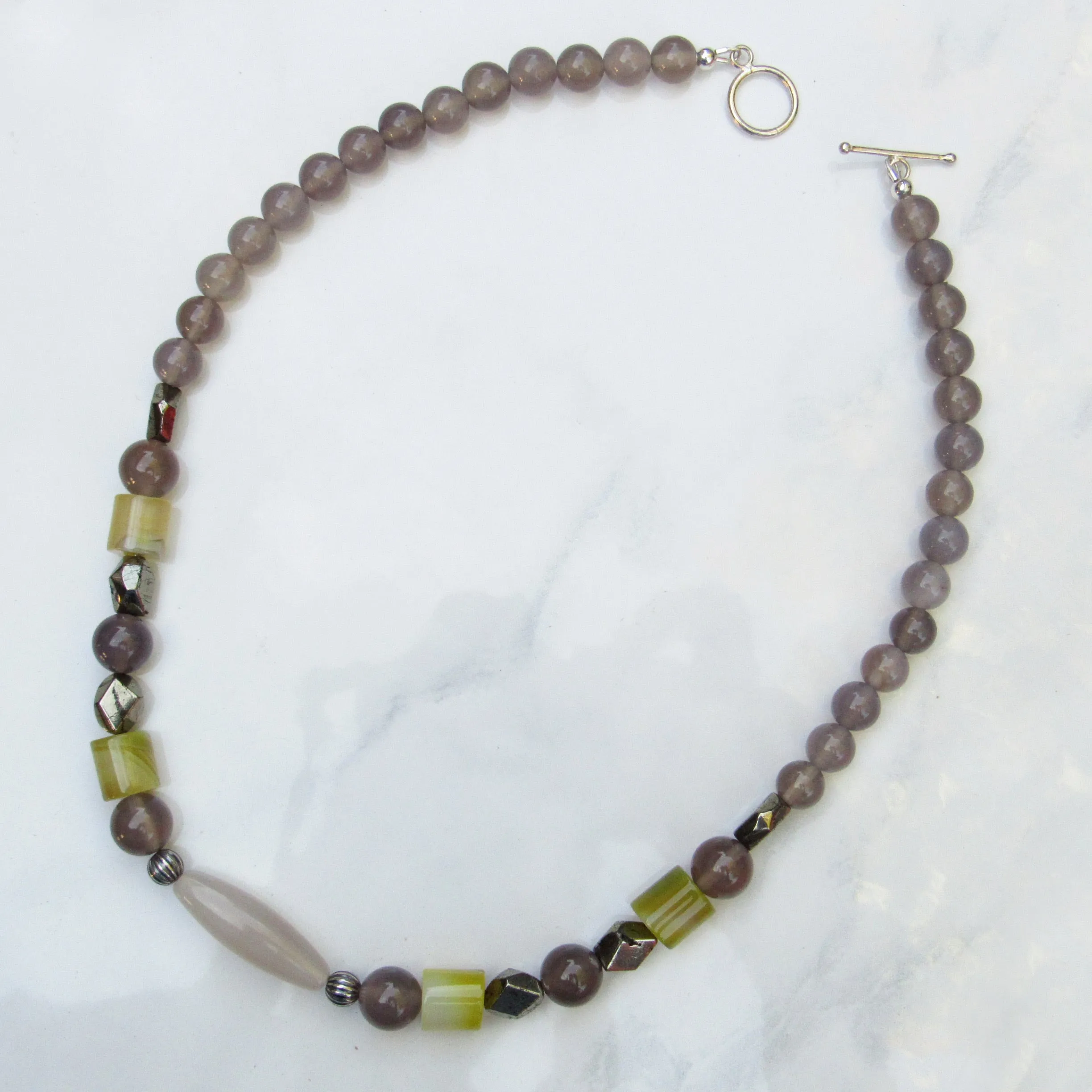 Grey Agate, Yellow Agate, Pyrite gemstones and Sterling Silver Necklace