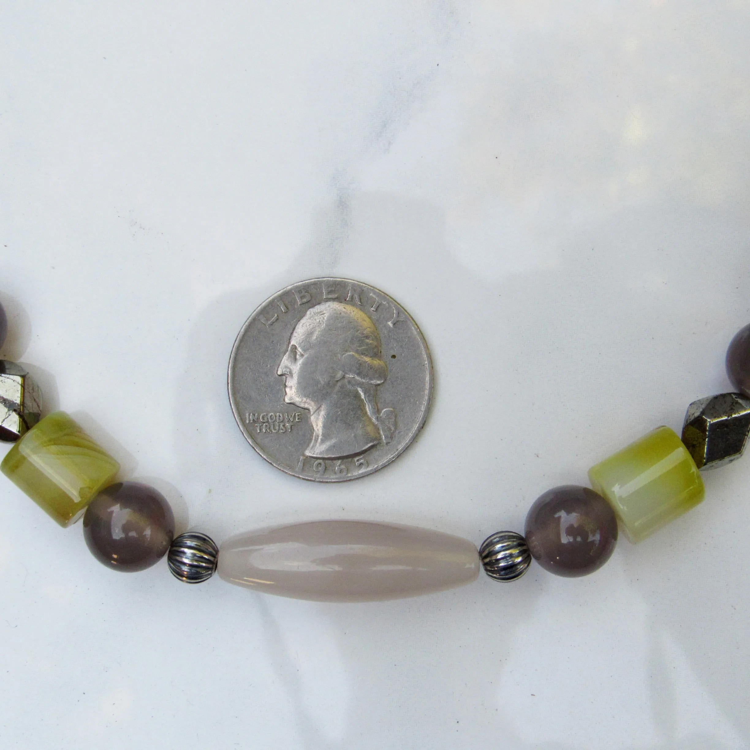 Grey Agate, Yellow Agate, Pyrite gemstones and Sterling Silver Necklace