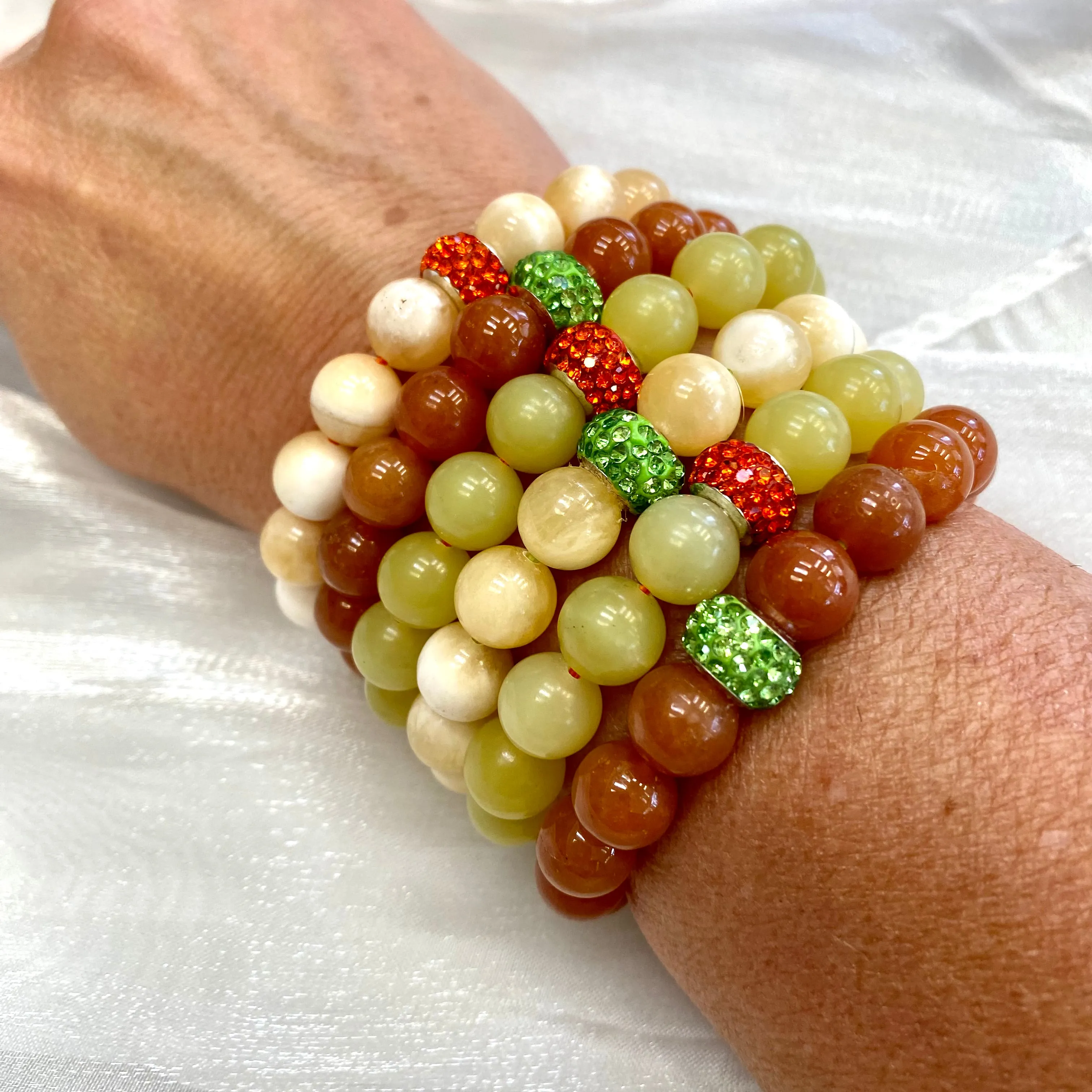 Halloween Colors Bling Stretchy Bracelets, Red Aventurine, Honey & Olive Jade Gemstones with Rhinestones Pave