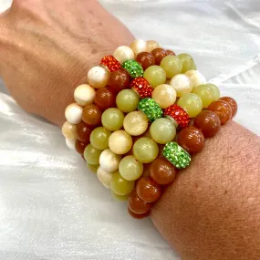 Halloween Colors Bling Stretchy Bracelets, Red Aventurine, Honey & Olive Jade Gemstones with Rhinestones Pave