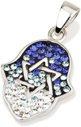 Hamsa Pendant in Sterling Silver With Blue Colors Crystals Gemstones