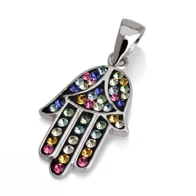 Hamsa Silver Pendant Multi Colors Gemstones   925 Sterling Silver Chain #43