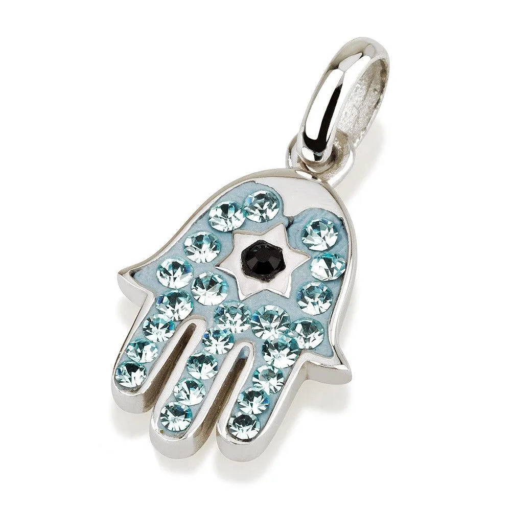 Hamsa Silver Pendant With Light Blue Gemstones   925 Sterling Silver Chain #3