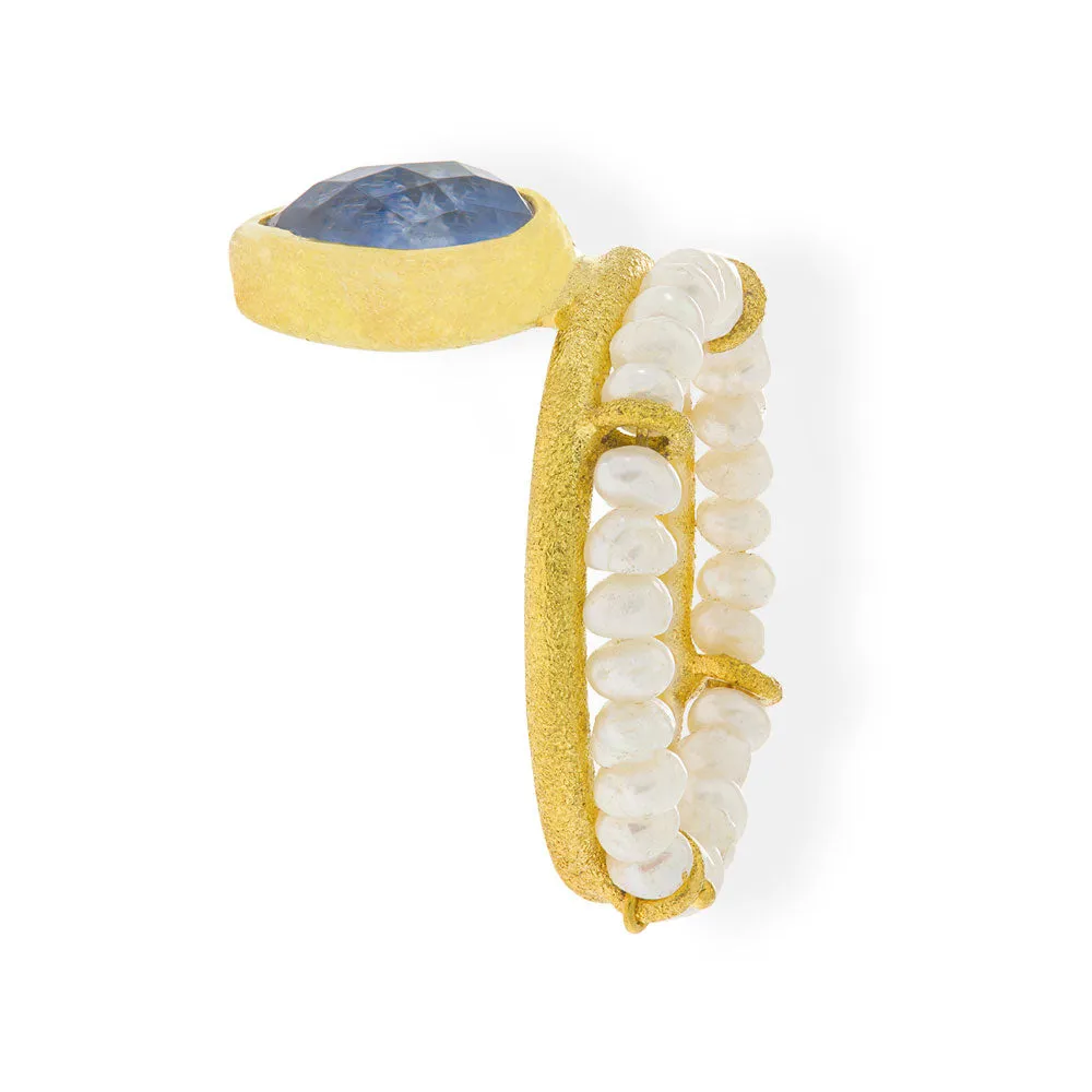 Handmade Gold Plated Silver Ring with Kyanite Gemstones & Pearls