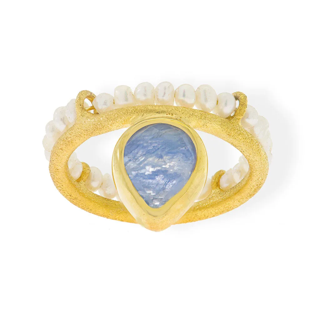 Handmade Gold Plated Silver Ring with Kyanite Gemstones & Pearls