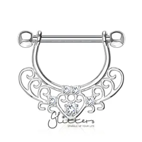 Heart Cubic Zirconia Filigree Dangle Surgical Steel Nipple Rings