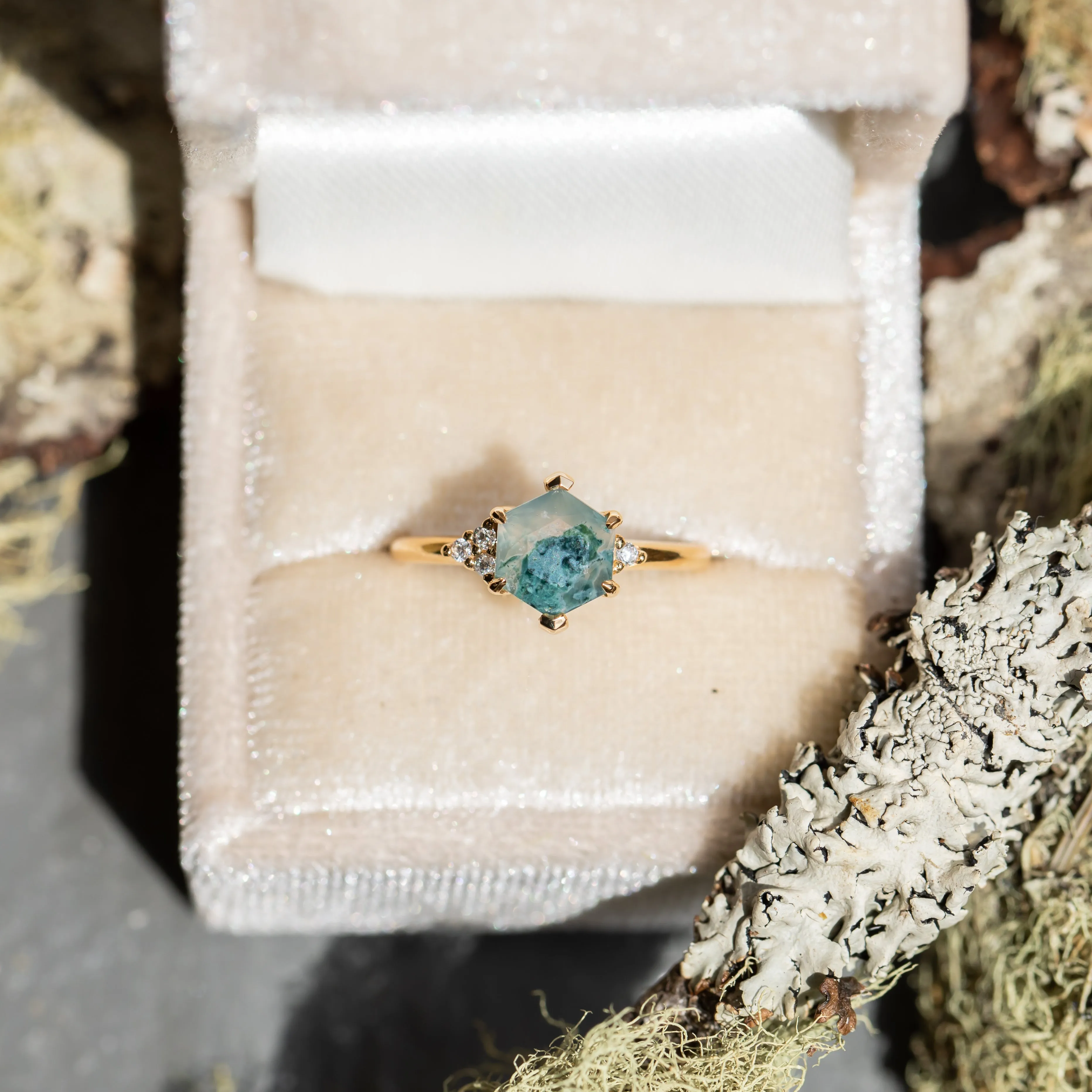 Hexagon Moss Agate Rings with Diamond Side Stones in 14K Yellow & White Gold