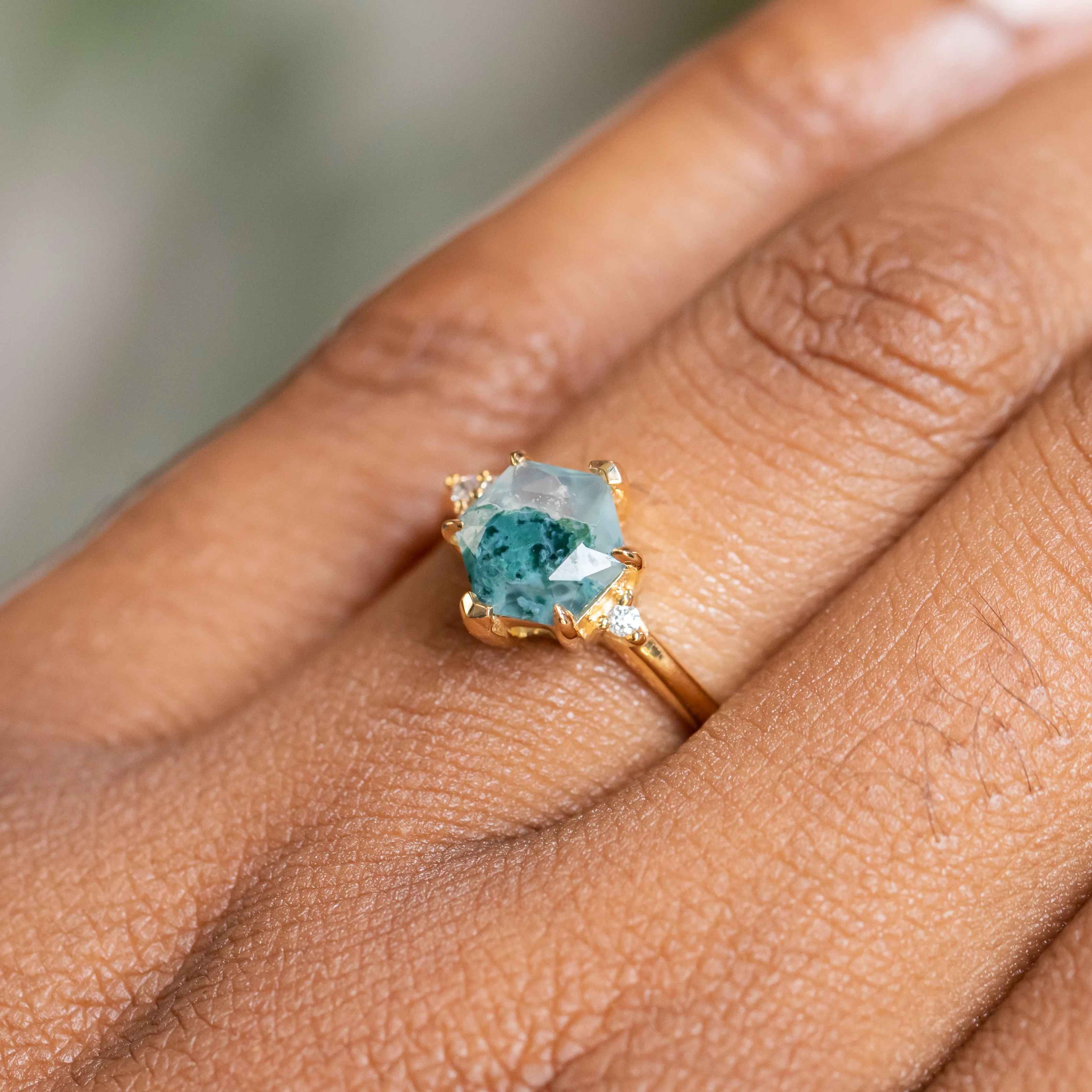 Hexagon Moss Agate Rings with Diamond Side Stones in 14K Yellow & White Gold