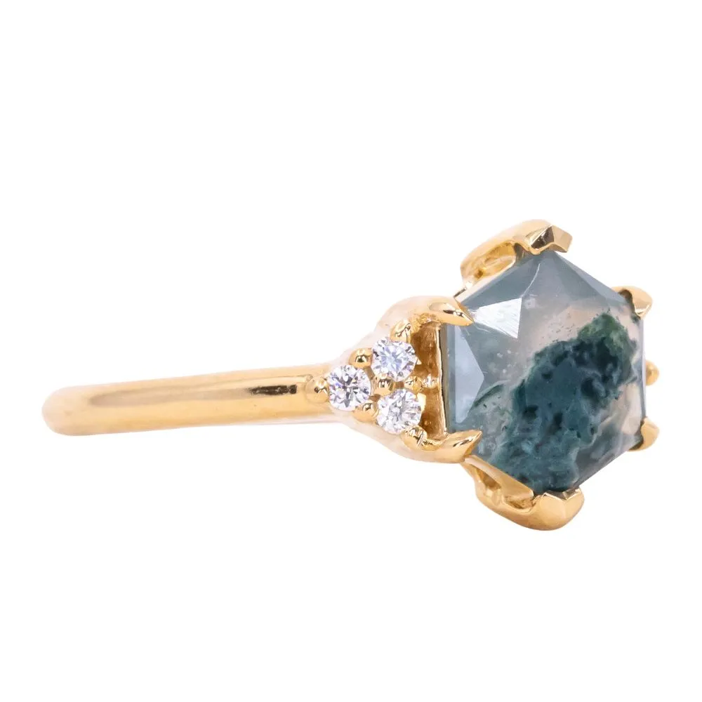 Hexagon Moss Agate Rings with Diamond Side Stones in 14K Yellow & White Gold