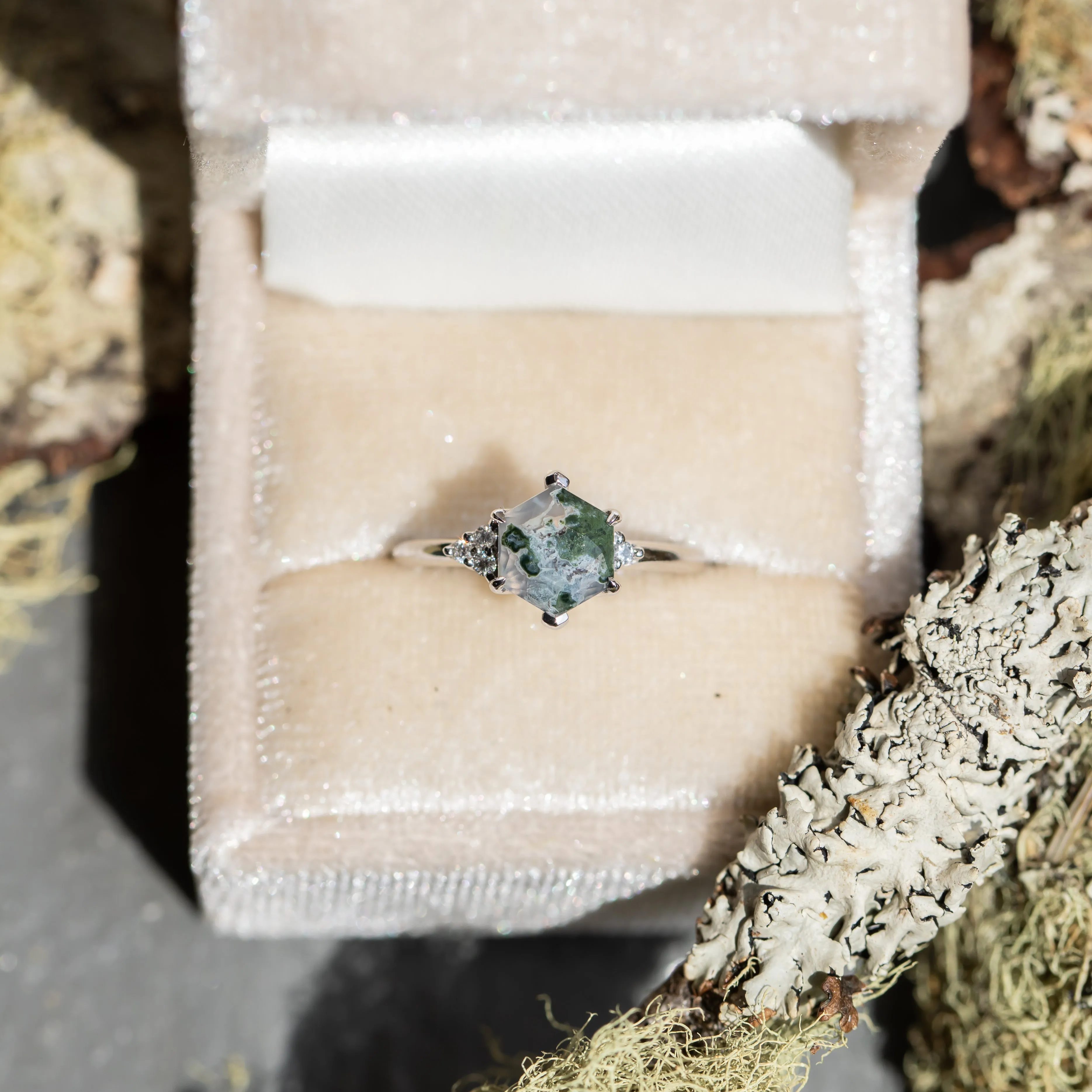 Hexagon Moss Agate Rings with Diamond Side Stones in 14K Yellow & White Gold