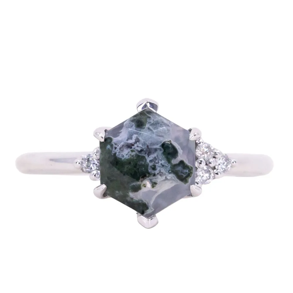 Hexagon Moss Agate Rings with Diamond Side Stones in 14K Yellow & White Gold