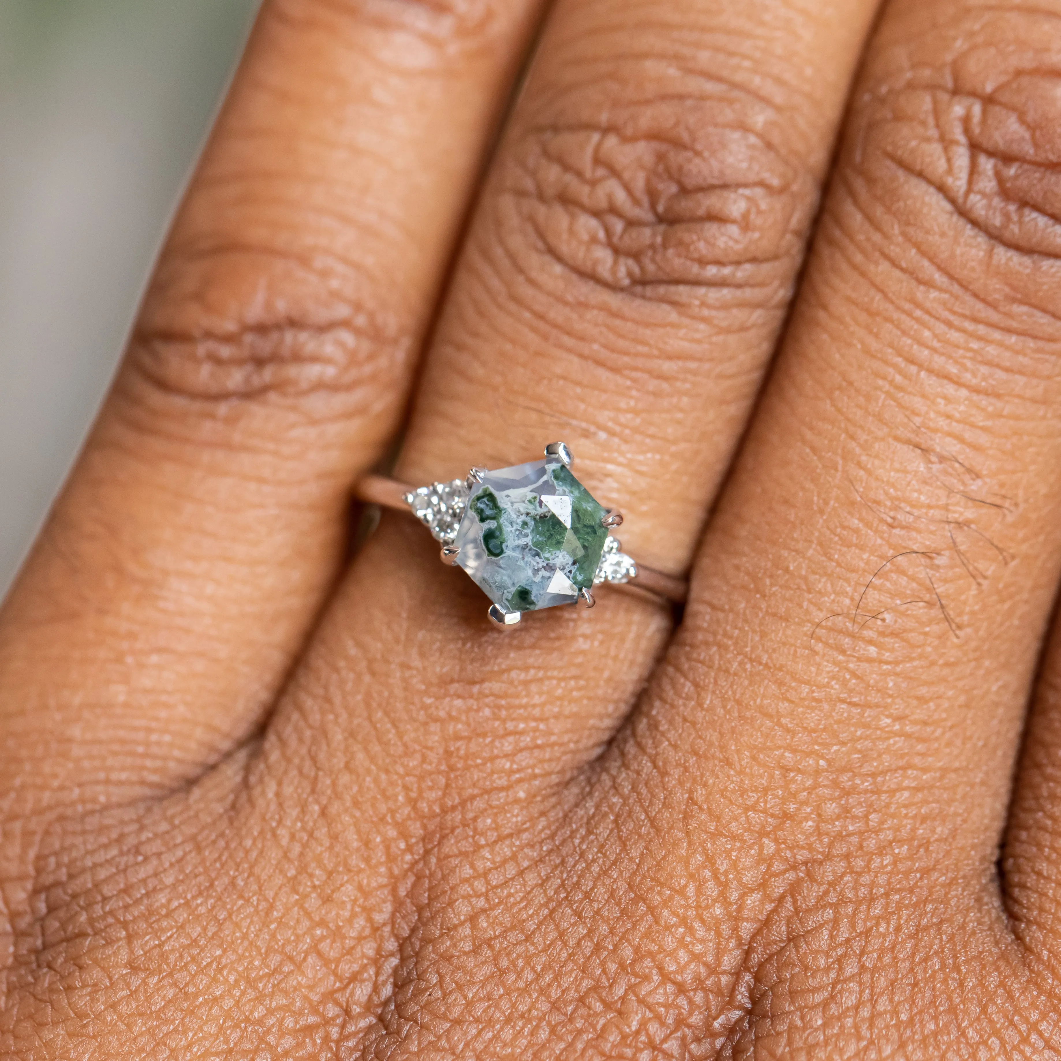 Hexagon Moss Agate Rings with Diamond Side Stones in 14K Yellow & White Gold