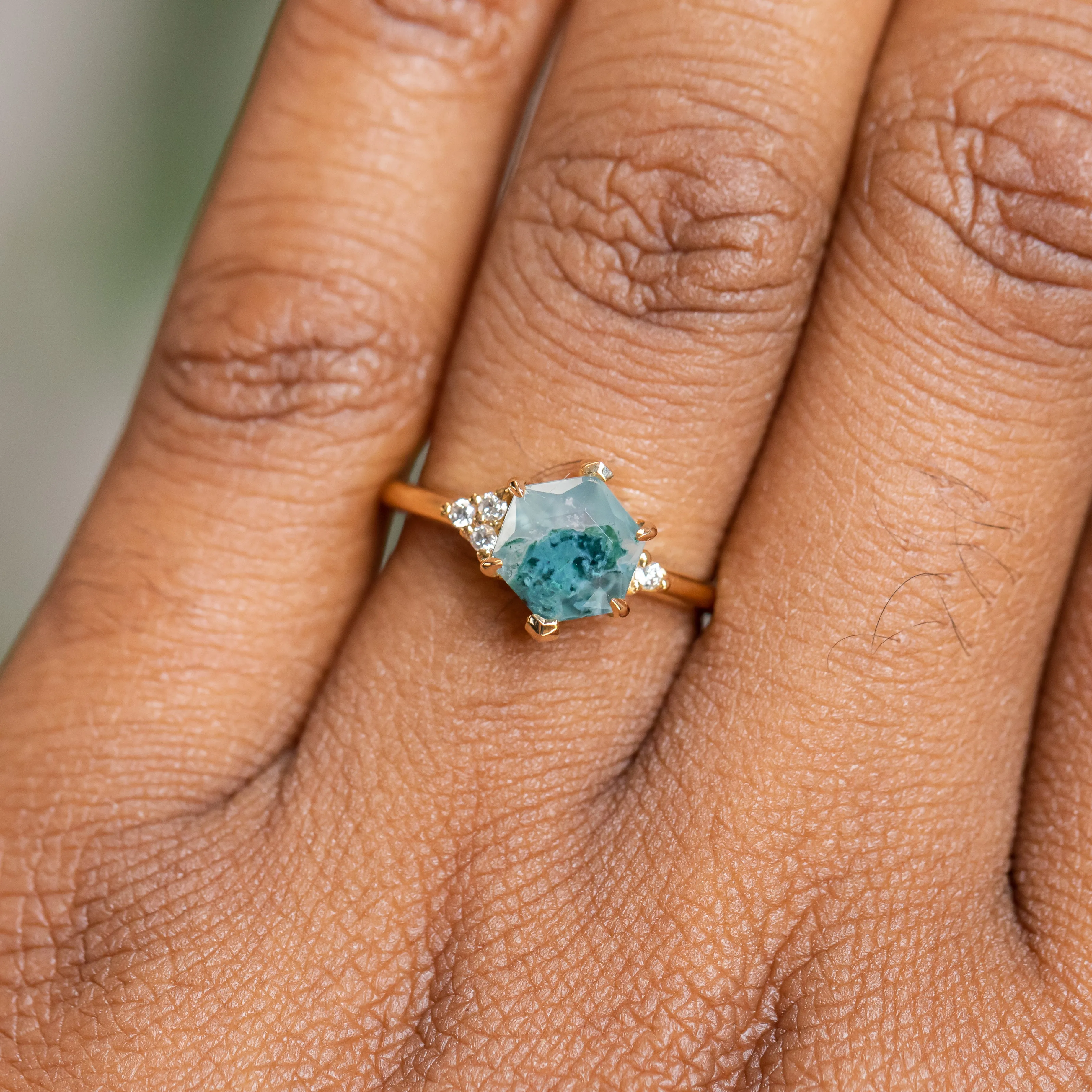 Hexagon Moss Agate Rings with Diamond Side Stones in 14K Yellow & White Gold