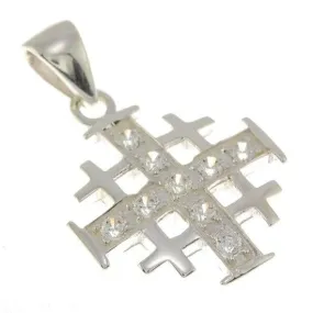 Jerusalem Cross Silver Pendant with White Gemstones   925 Silver Necklace