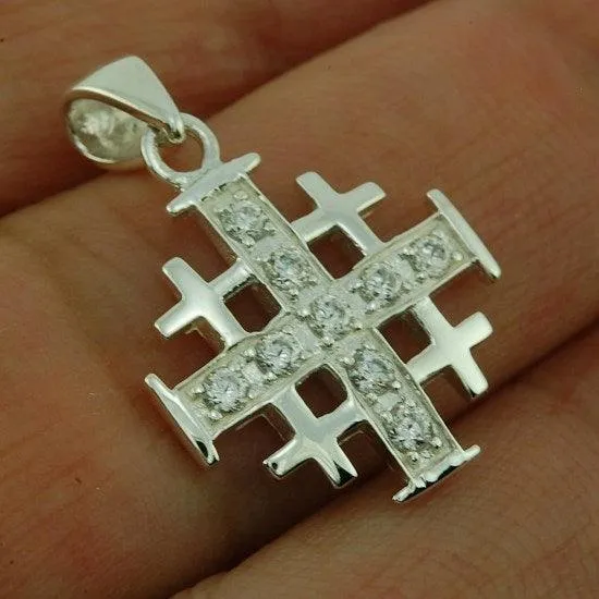 Jerusalem Cross Silver Pendant with White Gemstones   925 Silver Necklace