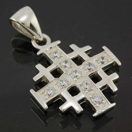 Jerusalem Cross Silver Pendant with White Gemstones   925 Silver Necklace