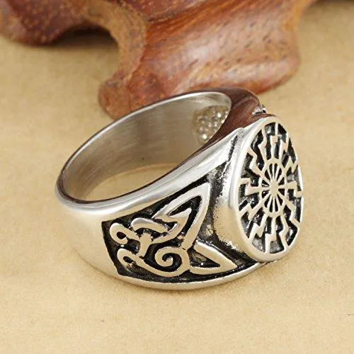 Men's Stainless Steel Ring Silver Tone Black Engine Sun Pattern Celtic Vintage Knot Motifs Finger Rings