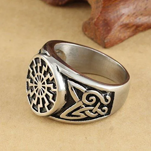 Men's Stainless Steel Ring Silver Tone Black Engine Sun Pattern Celtic Vintage Knot Motifs Finger Rings