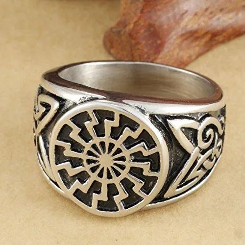 Men's Stainless Steel Ring Silver Tone Black Engine Sun Pattern Celtic Vintage Knot Motifs Finger Rings