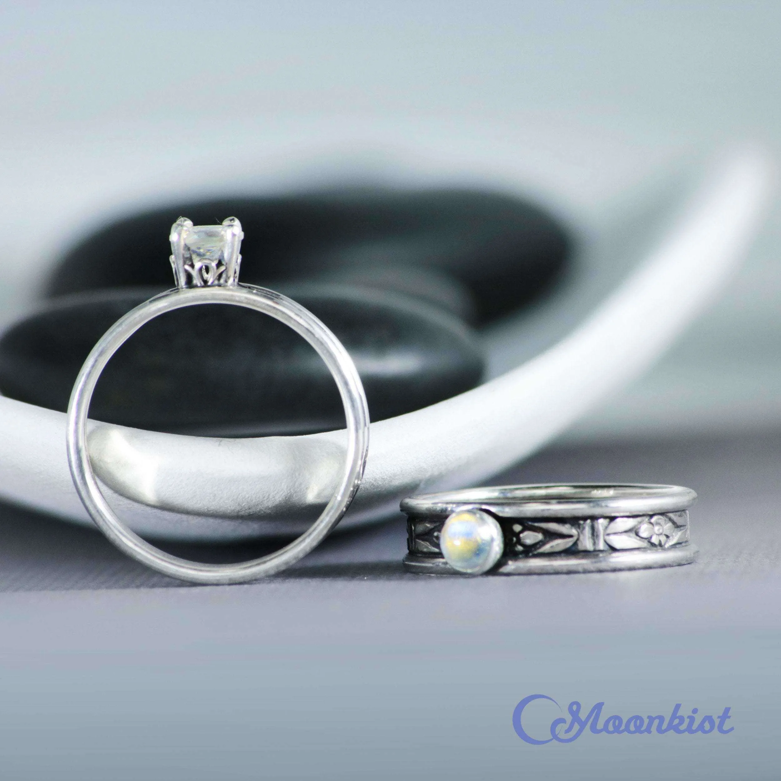 Moonstone Forget Me Not Silver Couples Rings | Moonkist Designs