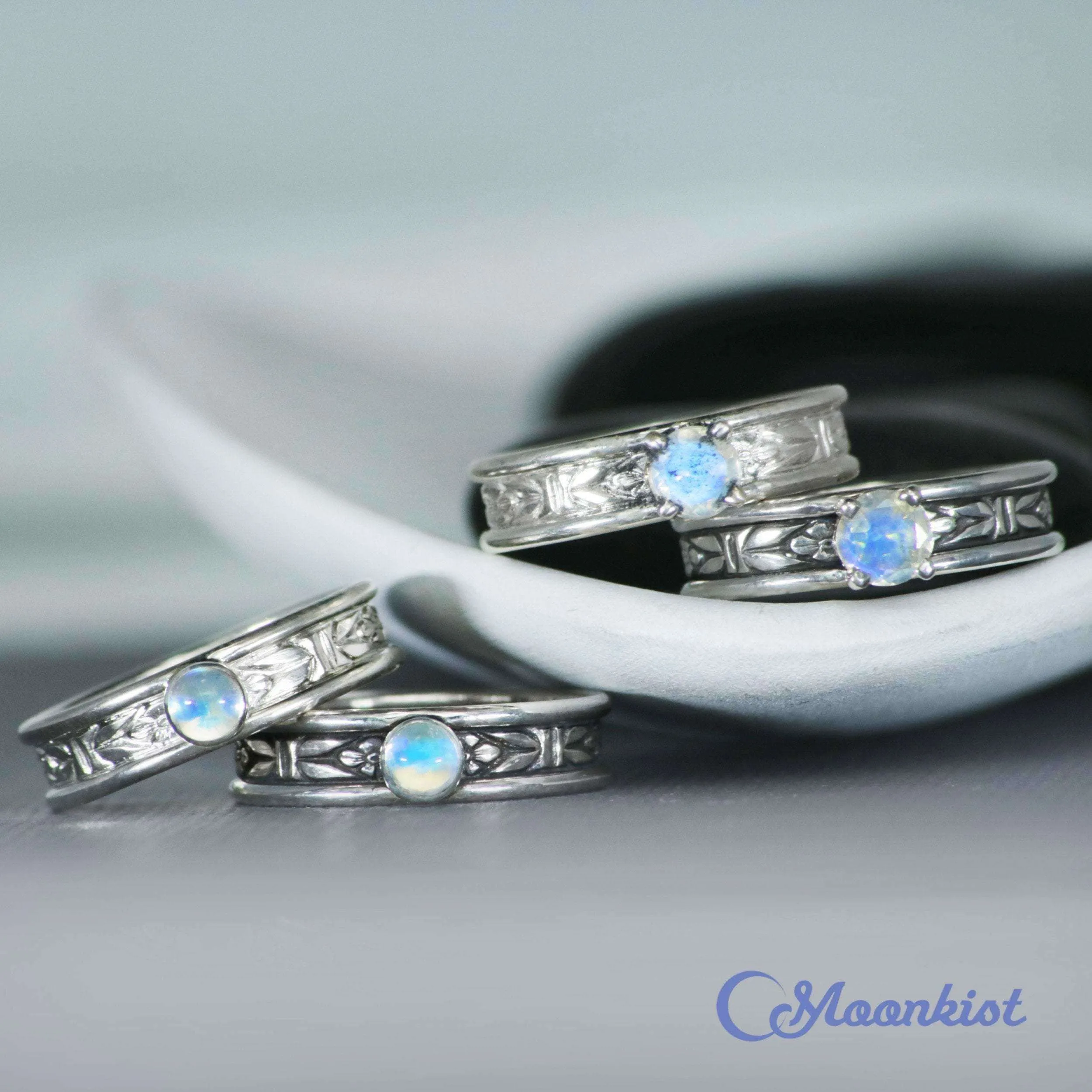 Moonstone Forget Me Not Silver Couples Rings | Moonkist Designs