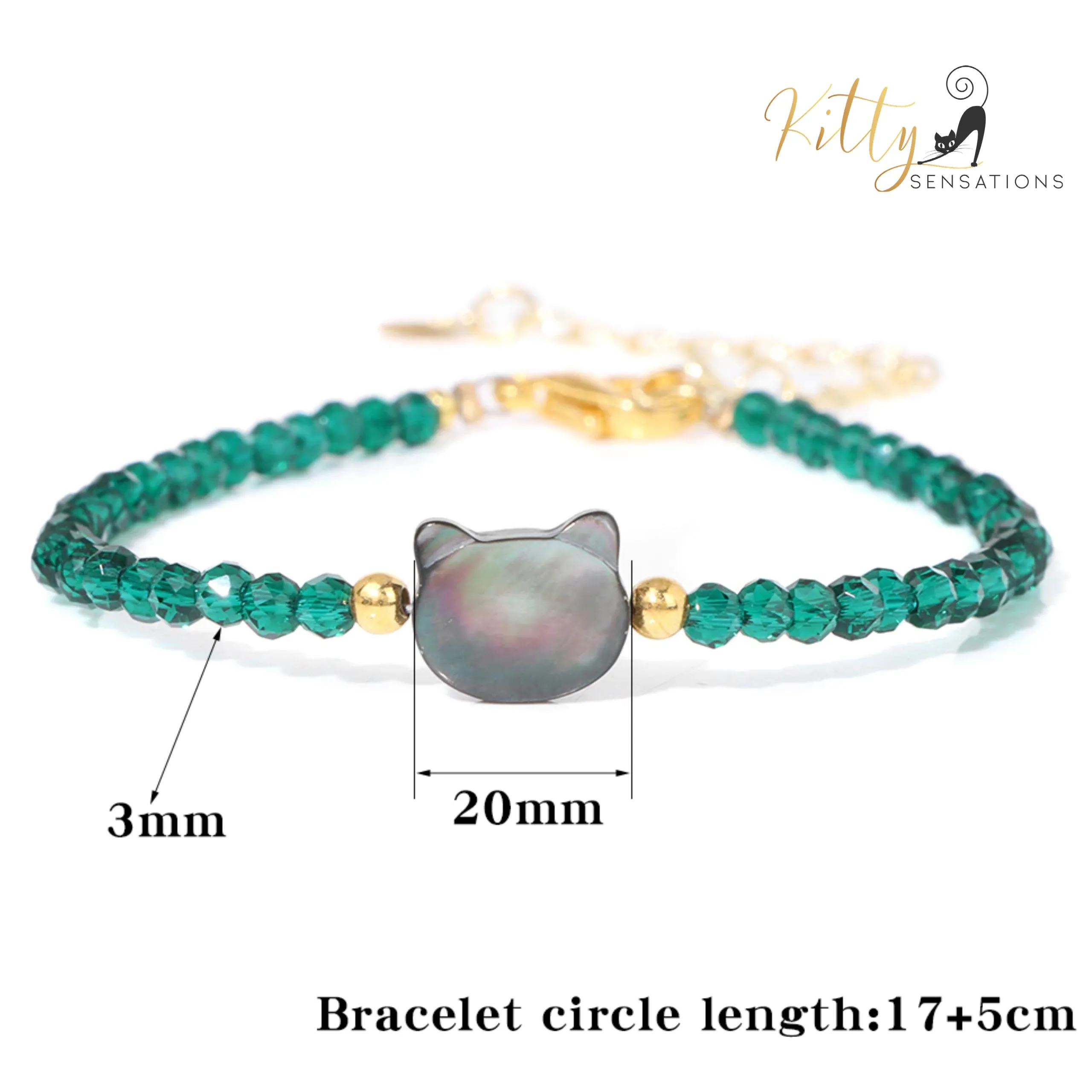 Natural Gemstones, Gray Mother-of-Pearl Kitty Face Bracelet (Adjustable Length)