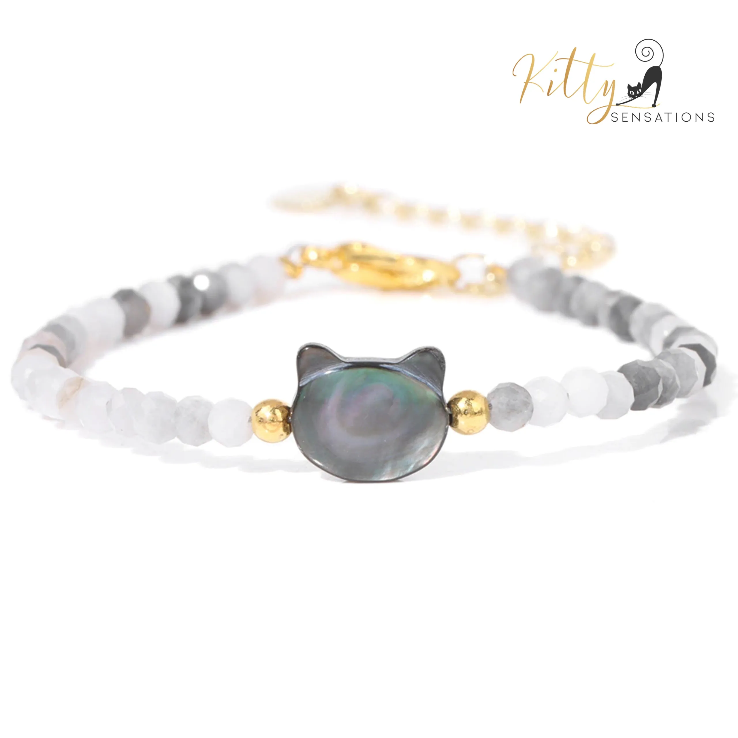 Natural Gemstones, Gray Mother-of-Pearl Kitty Face Bracelet (Adjustable Length)