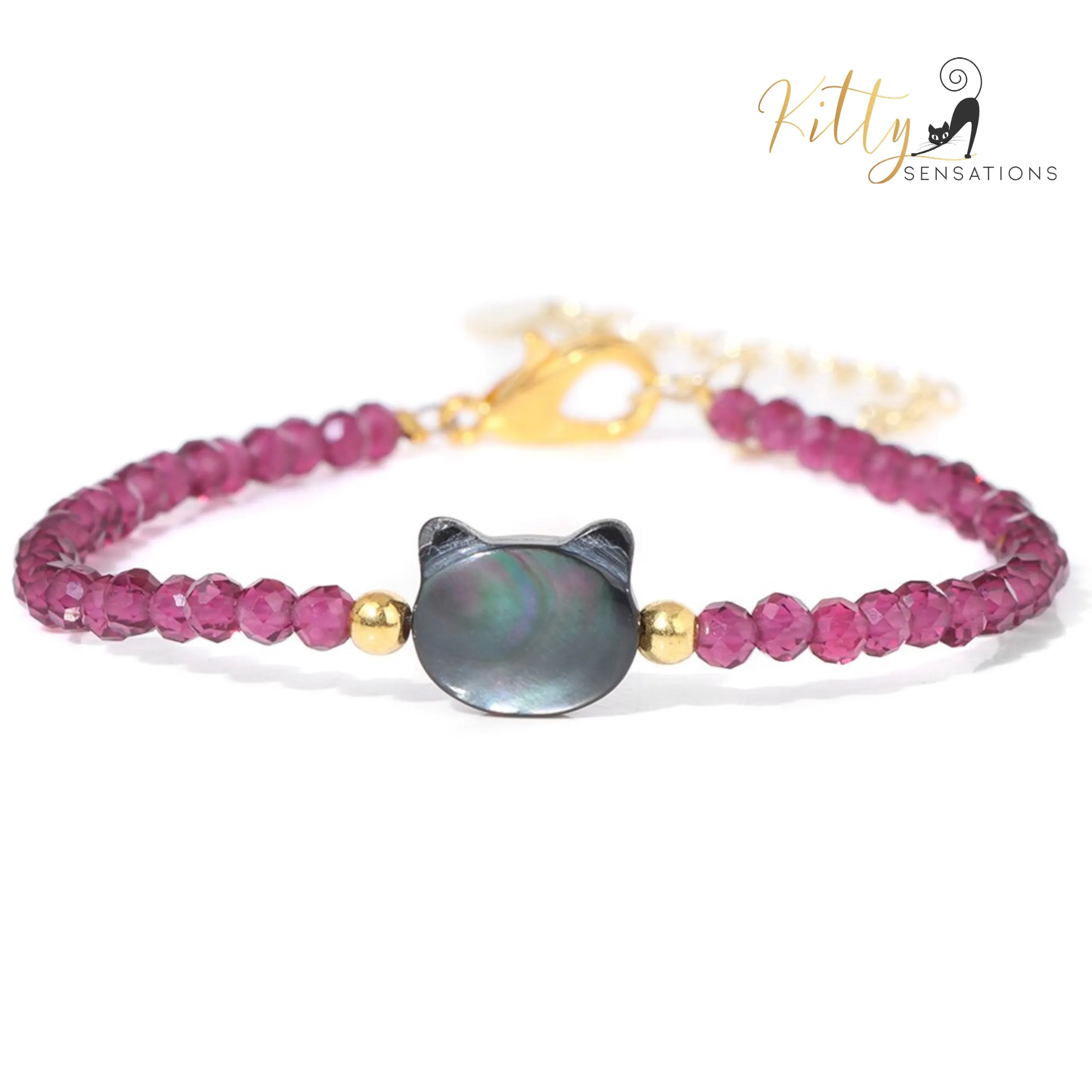 Natural Gemstones, Gray Mother-of-Pearl Kitty Face Bracelet (Adjustable Length)