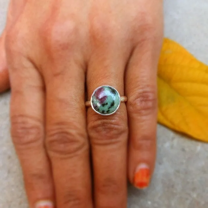 Natural Ruby Zoisite Ring, Round shape Ruby Zoisite gemstone ring Sterling Silver Ring Healing Gemstones Artisan Ring Ruby Silver Ring