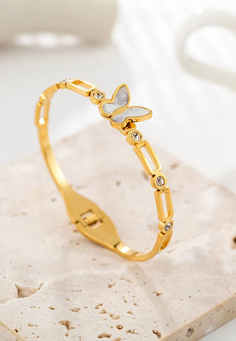 Papillon Butterfly with Cubic Zirconia Engravable Bangle in Gold