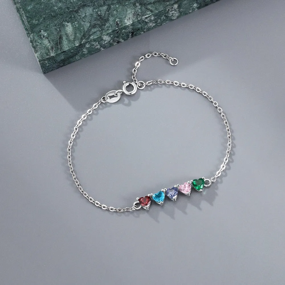 Personalized 5 Heart-Shape Birthstones Adjustable Chain Bracelets